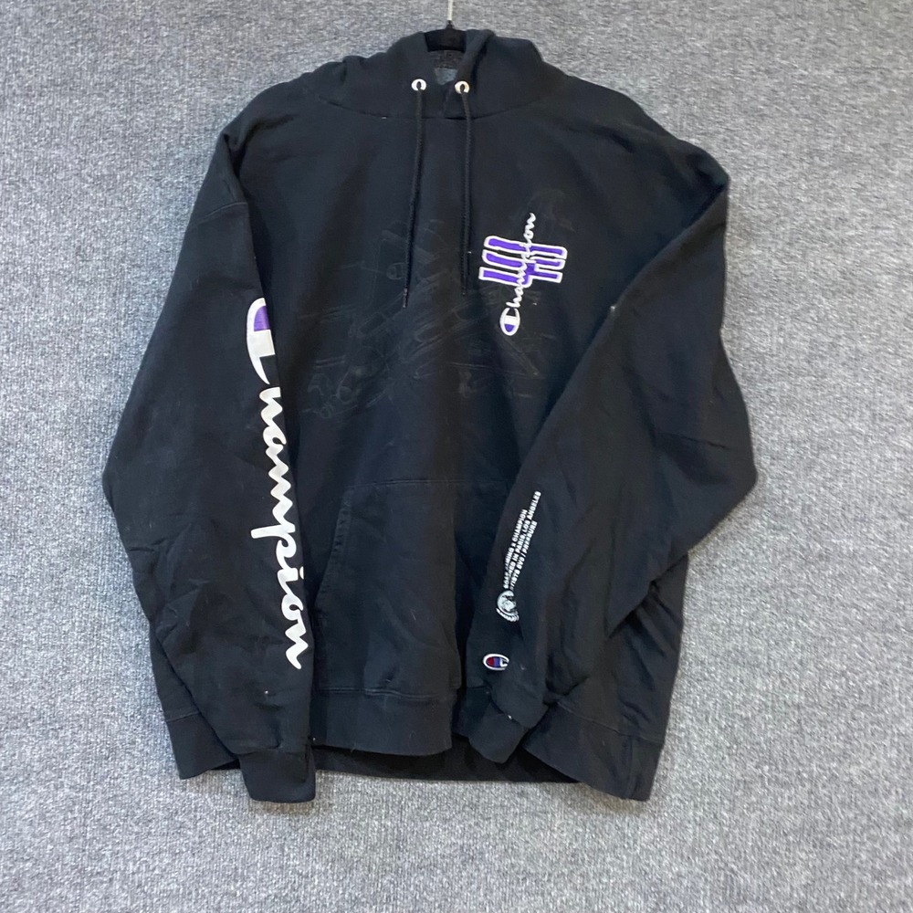 Champion Eco Authentic Hoodie Mens 2XL Black Purple Embroidered Graphic S700